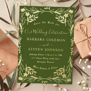 Invitación Con Relieve Metalizado Boda Tipografía Verde Musgo Floral Boho Elegante