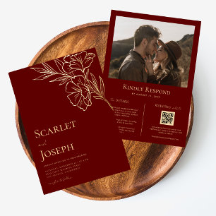 Invitación Con Relieve Metalizado Boda Todo en Uno con Floral de Oro y Rojo Carmesí