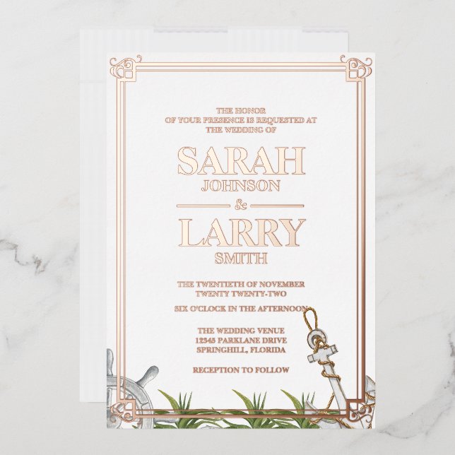 Invitación Con Relieve Metalizado Boda tradicional de oro de temática playera y Rosa (Sobre)