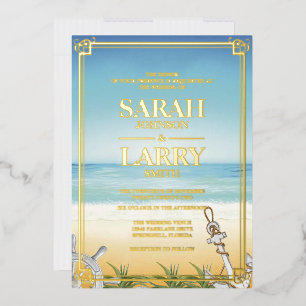 Invitación Con Relieve Metalizado Boda Tradicional Dorada Elegante con tema de Playa