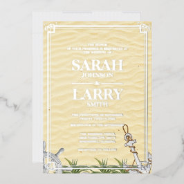 Invitación Con Relieve Metalizado Boda Tradicional Dorada Elegante con tema de Playa
