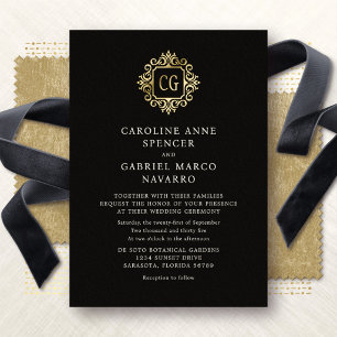 Invitación Con Relieve Metalizado Boda Tradicional Ornamentada con Monograma