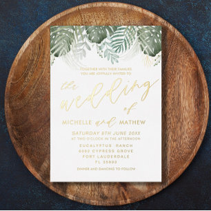 Invitación Con Relieve Metalizado Boda Tropical Acuarela Verde Oro
