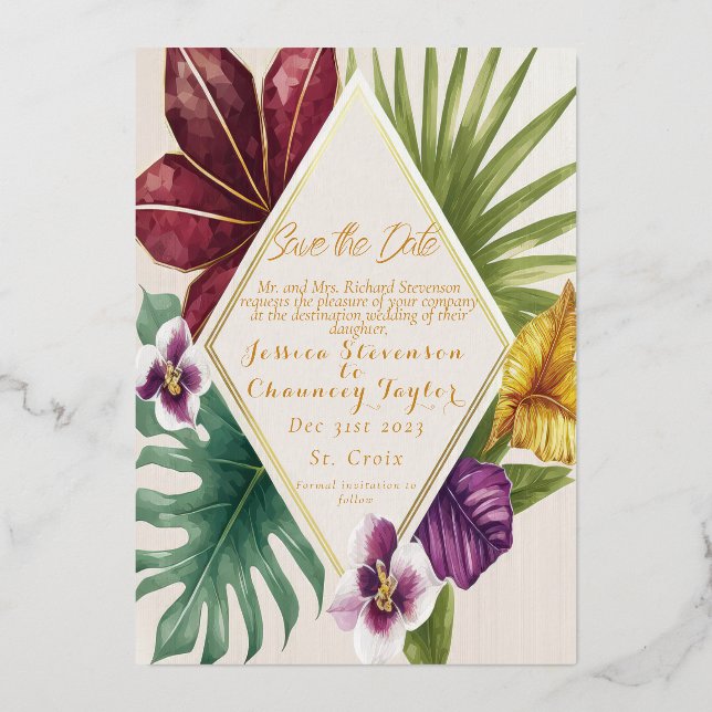 Invitación Con Relieve Metalizado Boda Tropical de Destino Guardar la Fecha (Anverso)