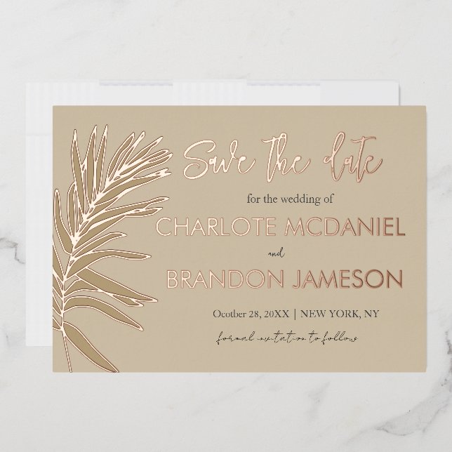 Invitación Con Relieve Metalizado Boda Tropical De Hojas De Palma Ahorra La Fecha (Sobre)