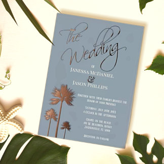 Invitación Con Relieve Metalizado Boda Tropical de Palmeras de Playa Azul Polvorient