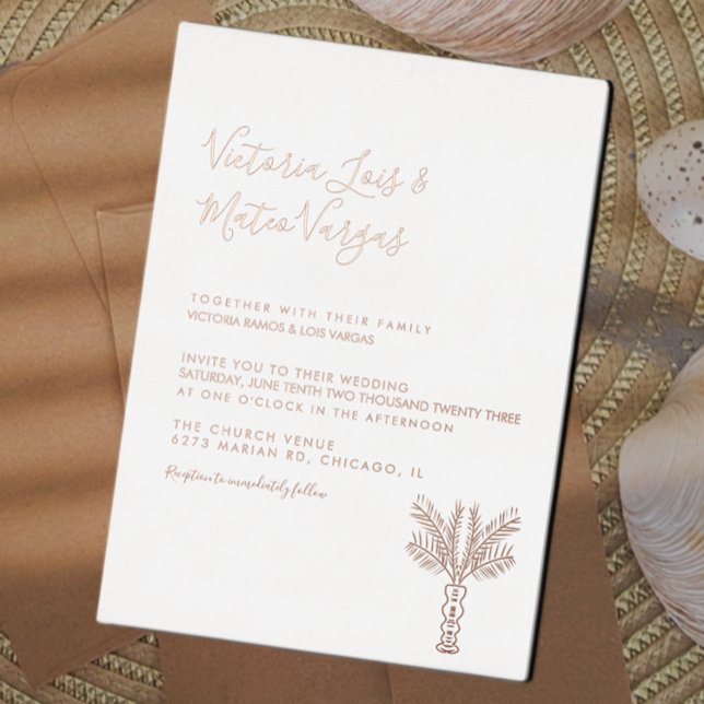 Invitación Con Relieve Metalizado Boda tropical de palmeras dibujadas a mano simple (Subido por el creador)