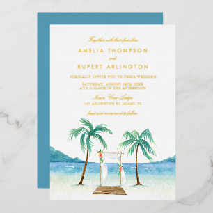 Invitación Con Relieve Metalizado Boda Tropical de Playa con Arbor Floral Acuarela