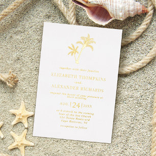 Invitación Con Relieve Metalizado Boda Tropical de Playa con Palmeras Costeras