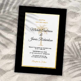 Invitación Con Relieve Metalizado Boda Tropical Elegante Palma Negra Dorada