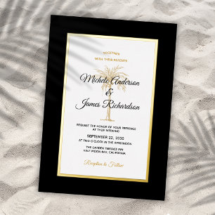 Invitación Con Relieve Metalizado Boda Tropical Elegante Palma Negra Dorada