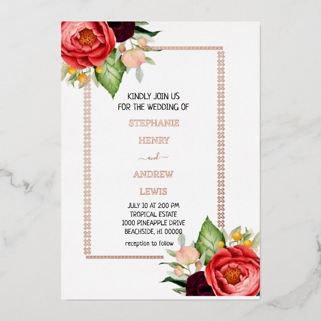 Invitación Con Relieve Metalizado Boda tropical floral moderno (Anverso)
