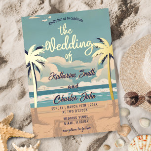 Invitación Con Relieve Metalizado Boda Tropical Palma Playa Vintage