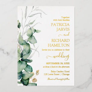 Invitación Con Relieve Metalizado Boda Verde Acuarela Eucalipto 