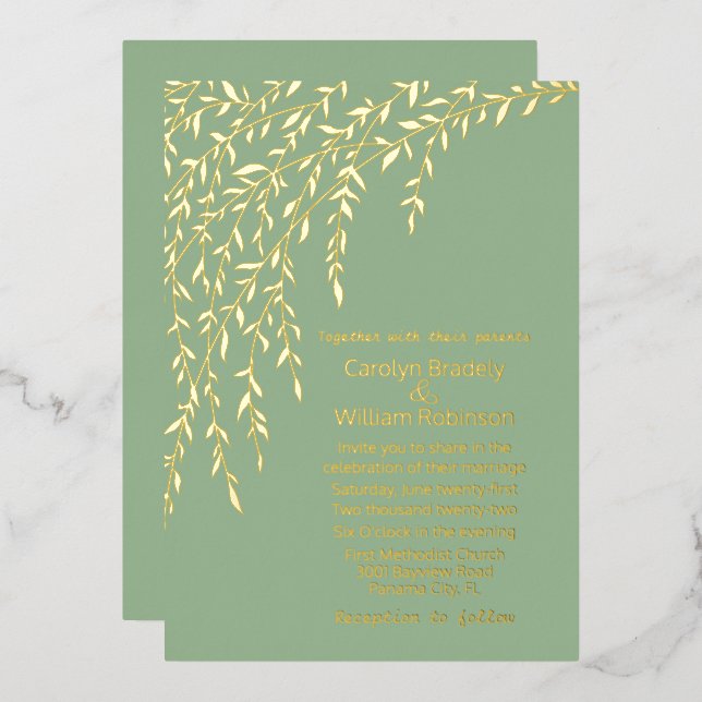 Invitación Con Relieve Metalizado Boda verde azaroso claro dorado (Anverso/Reverso)