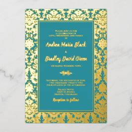 Invitación Con Relieve Metalizado Boda verde azulada de Damasco de Relieve metalizad