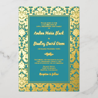 Invitación Con Relieve Metalizado Boda verde azulada de Damasco de Relieve metalizad