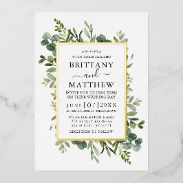 Invitación Con Relieve Metalizado Boda Verde Botánica Acuarela Dorado