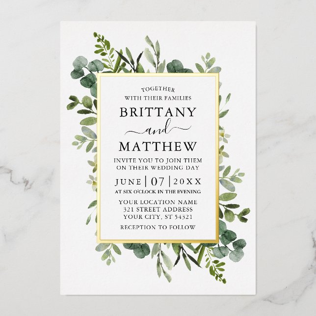 Invitación Con Relieve Metalizado Boda Verde Botánica Acuarela Dorado (Anverso)