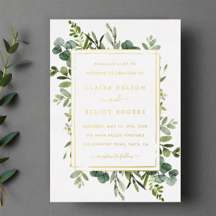 Invitación Con Relieve Metalizado Boda Verde Botánico Dorado 