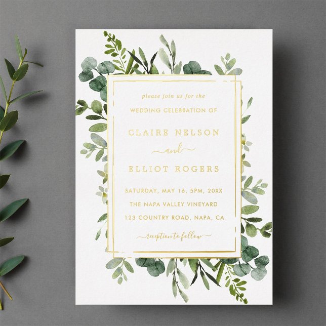 Invitación Con Relieve Metalizado Boda Verde Botánico Dorado  (Subido por el creador)