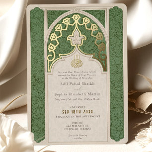 Invitación Con Relieve Metalizado Boda Verde de Encaje Islámico de Lujo