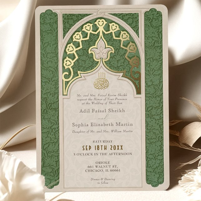Invitación Con Relieve Metalizado Boda Verde de Encaje Islámico de Lujo (Subido por el creador)