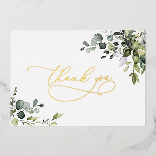 Invitación Con Relieve Metalizado Boda Verde De Eucalipto Gracias En Oro