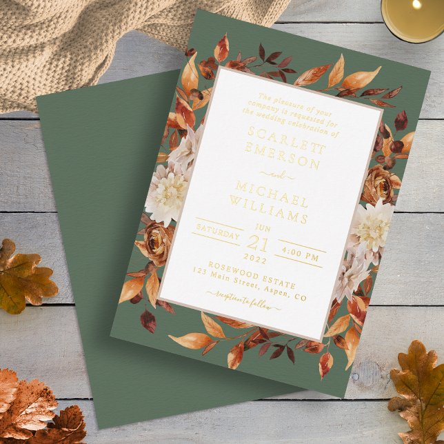 Invitación Con Relieve Metalizado Boda Verde de otoño (Elegant Autumn Sage Green Floral Wedding Foil Invitation by Painted Paperie
)