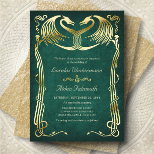 Invitación Con Relieve Metalizado Boda Verde Dragón de Fantasía