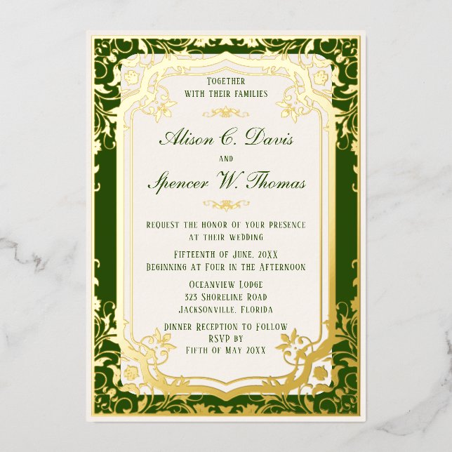 Invitación Con Relieve Metalizado Boda Verde Elegante (Anverso)