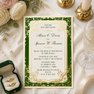 Invitación Con Relieve Metalizado Boda Verde Elegante