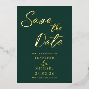 Invitación Con Relieve Metalizado Boda Verde Esmeralda Guardar La Fecha Oro