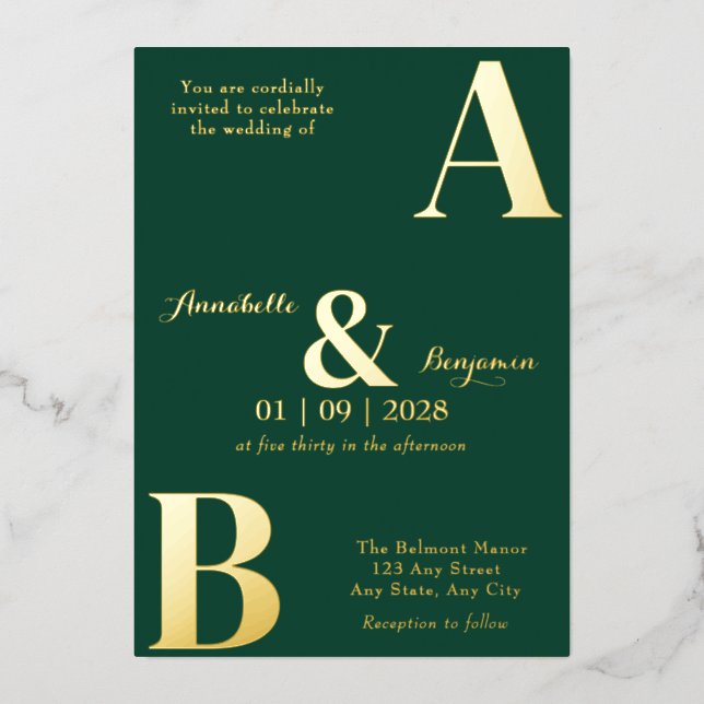 Invitación Con Relieve Metalizado Boda verde esmeralda moderno y elegante (Anverso)