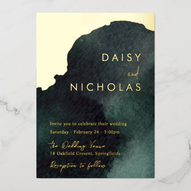 Invitación Con Relieve Metalizado Boda verde esmeralda: oro acuarela (Anverso)