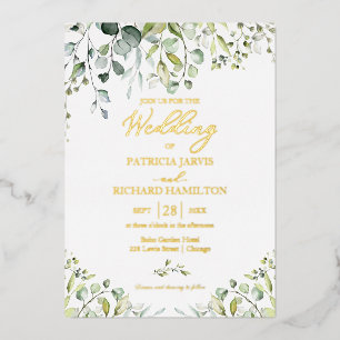 Invitación Con Relieve Metalizado Boda Verde Eucalipto Acuarela 