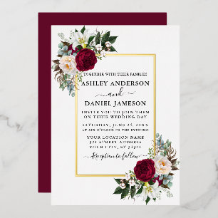 Invitación Con Relieve Metalizado Boda Verde Floral Acuarela Dorada
