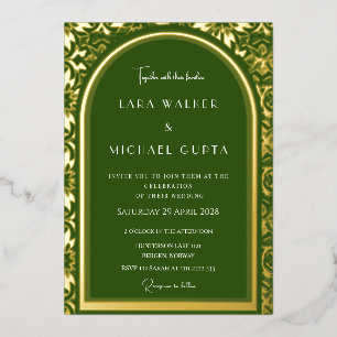 Invitación Con Relieve Metalizado Boda Verde Forestal (Punteado Retro)