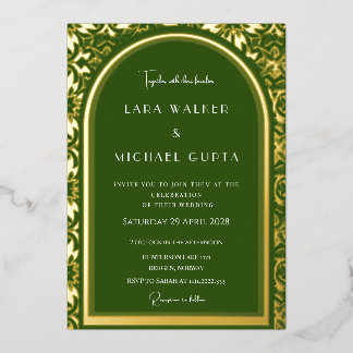 Invitación Con Relieve Metalizado Boda Verde Forestal (Punteado Retro)