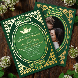 Invitación Con Relieve Metalizado Boda Verde Foto Nudo Celta Claddagh Trébol