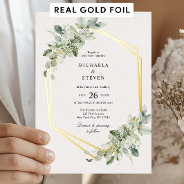 Invitación Con Relieve Metalizado Boda Verde Geométrico Rústico Oro Real