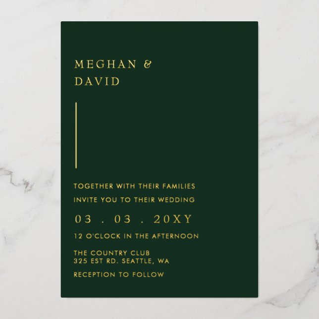 Invitación Con Relieve Metalizado Boda verde moderno y elegante (Anverso)