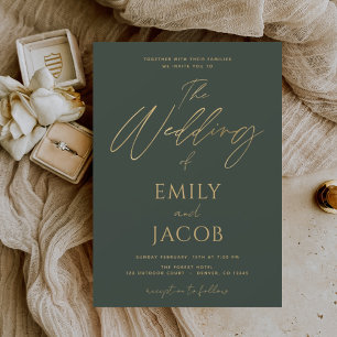 Invitación Con Relieve Metalizado Boda Verde Oro Tipografía Moderna Script