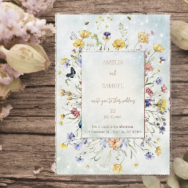 Invitación Con Relieve Metalizado Boda Verde Rústica con Flores Silvestres Boho
