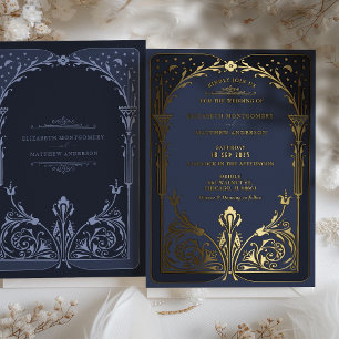 Invitación Con Relieve Metalizado Boda Victoriana Celeste Azul Dorado Libro de Cuent