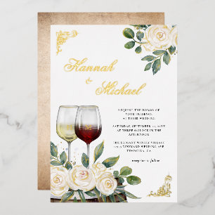 Invitación Con Relieve Metalizado Boda Viñedo Acuarela Floral Oro