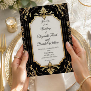 Invitación Con Relieve Metalizado Boda Vintage Art Déco de negro y dorado