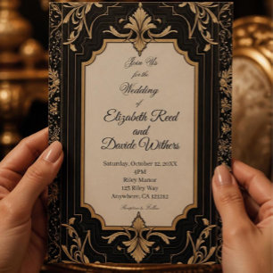 Invitación Con Relieve Metalizado Boda Vintage Art Déco de negro y dorado