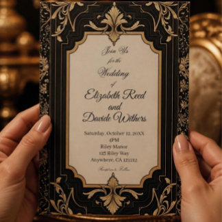Invitación Con Relieve Metalizado Boda Vintage Art Déco de negro y dorado