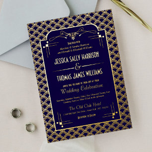 Invitación Con Relieve Metalizado Boda Vintage Art Deco Gatsby Real de los años 20